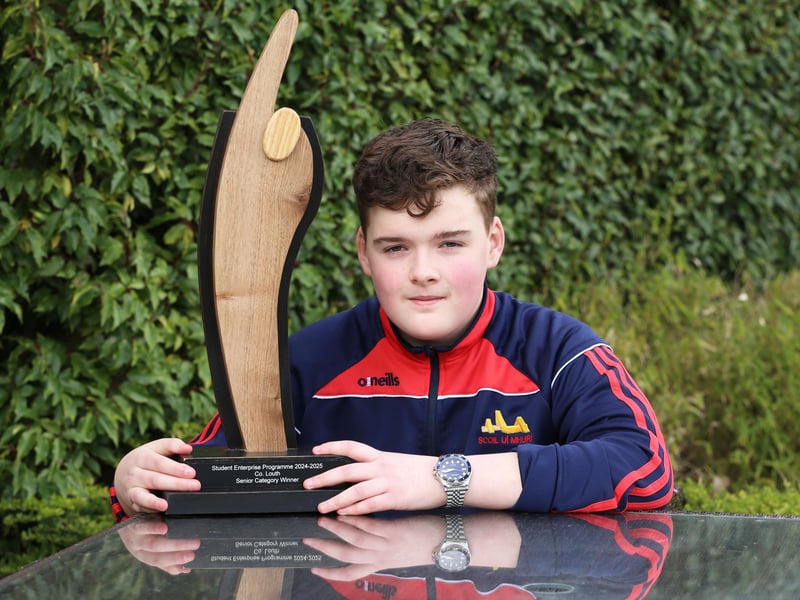 Below: Winner of the 2025 Senior Enterprise Award for Louth is Riley Finegan (Squeak Shield) of Scoil Úi Mhuirí, Dunleer