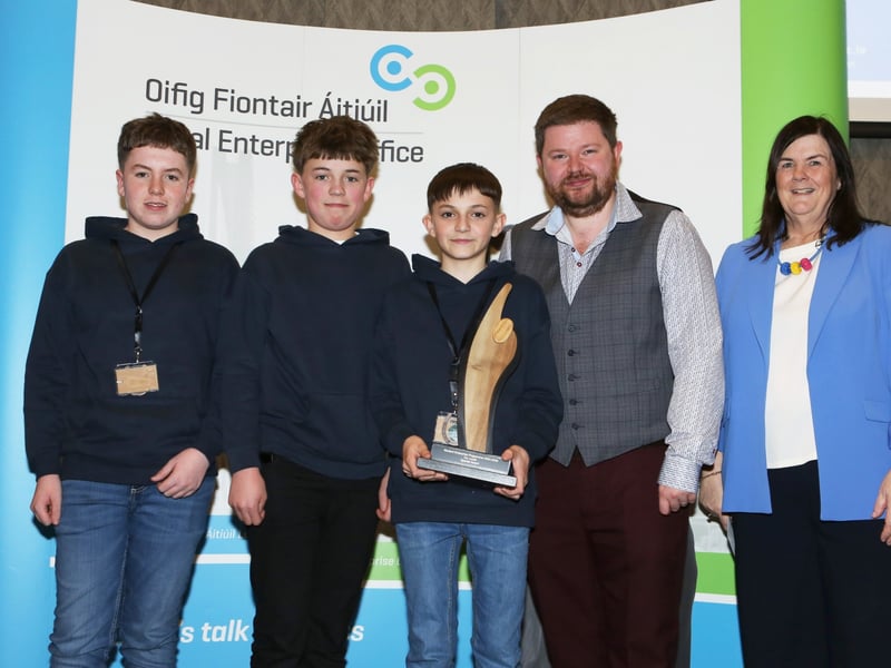 Below: Winner of the Best Creative Product Award for Louth are Ethan McCrory, Otis Madden and Christopher Malone (Business Boys) of Dundalk Grammar School