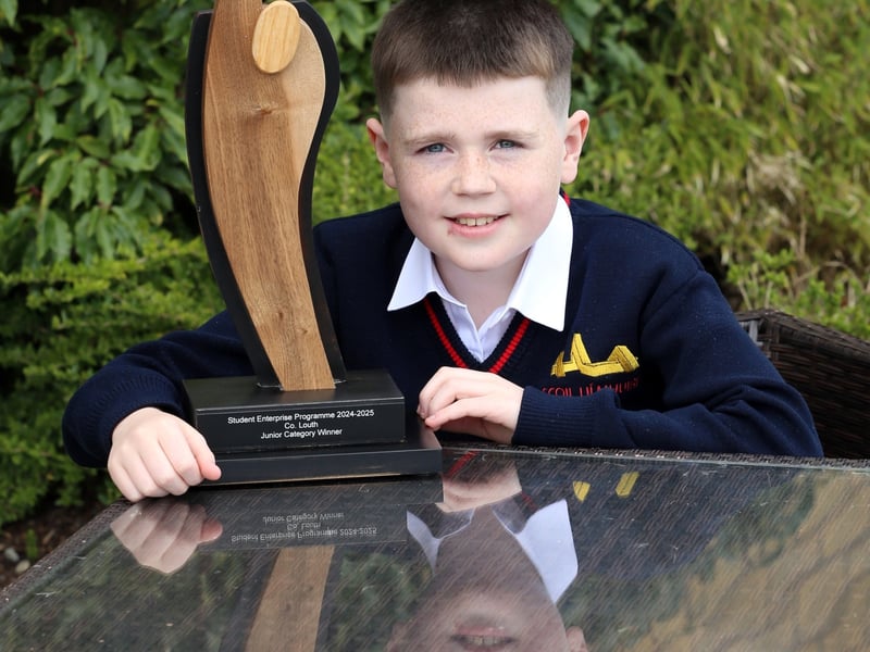 Below: Winner of the 2025 Junior Student Enterprise Award for Louth is Darragh Grimes Drone of Scoil Úi Mhuirí