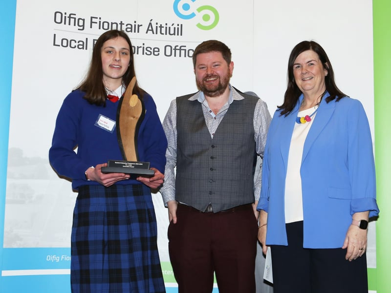 Below: Winner of the Innovation Award for Louth is Dearbhla McArdle (First AI-D) of St Vincents, Dundalk