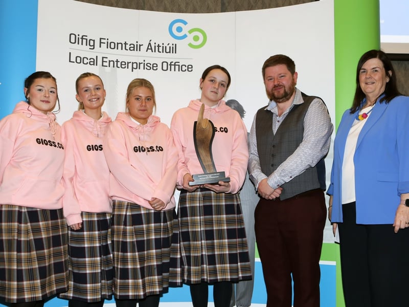 Below: Winner of the Best Social Media and Marketing Award for Louth are Sophie Kelly, Gabriella Hrynko, Cara Miele and Kayla O'Hanlon (Gloss.co) of Coláiste Chú Chulainn, Dundalk