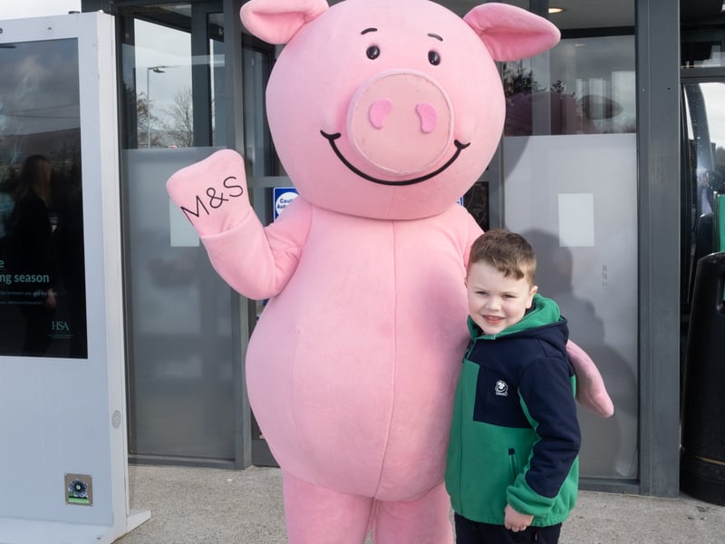 Percy Pig pictured with Eoin Dooge from Kilmeaden pictured at the launch of Applegreen Lemybrien with M&S Food.