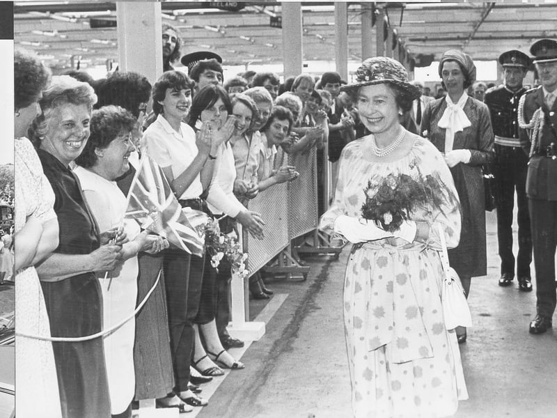 The Queen meets well-wishers during a visit to Telford at COD Donnington on 4 June 1982, where she officially opened the new Central Processing Building. She arrived at RAF Shawbury and travelled by road via High Ercall.