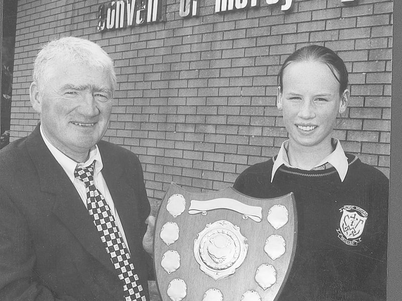 Caption: Pictured receiving her award for Student of the Year at Cnoc Mhuire Secondary School in Granard is Carmel McElvaney, Coolarty who received her award from school principal, Michael Duffy Picture: Joe McDonagh