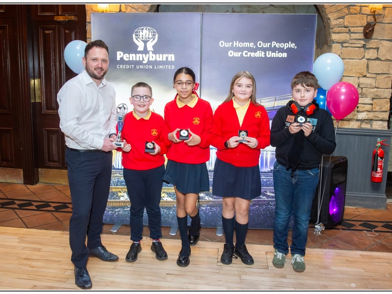 Winners of Competition B: Steelstown P.S, Brainy Bolts. From left to right - Frank Doherty (Pennyburn Credit Union Manager), Eoin, Kamara, Emily and Jack.