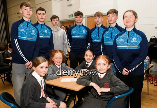 Holy Family PS quiz team 4 who took part in the ILCU Schools Quiz hosted by Derry Credit Credit Union. Included are member of the CU youth committee. (Photos - Tom Heaney, nwpresspics)