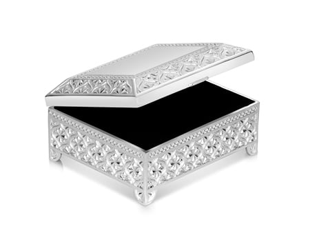 Ornate Jewellery Box €45 Help keep your loved one’s trinkets and jewellery organised with this beautiful ornate jewellery box. Silver Plated with a fully lined velvet inner this jewellery box is also suitable for personalisation making it an extra special gift for someone special in your life.