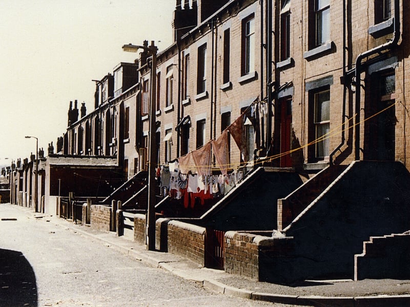 Back Lodge Lane in 1989 showing the rear of terraced houses numbered 113 to 133 Lodge Lane. All have small back yards, some with washing lines, some with out-buildings. This is the south-west side of Back Lodge Lane running from Stratford Terrace to Trentham Street.
