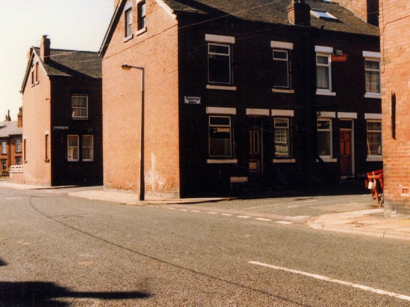 Brompton Terrace showing the junctions with Brompton Grove (right) and Brompton View in 1989. The houses visible on the left edge of the photo are on Colwyn View.