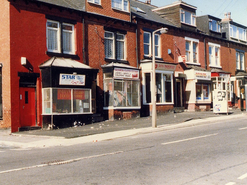 A row of shops and houses on Tempest Road between the junctions with Maud Avenue, left, and Stratford Street in 1989. The first shop on the left, Star Sweet Centre  was previously Heslington's baker. Next to this is the Fashion Cloth Store, then followed by Dana Properties and a newsagent.