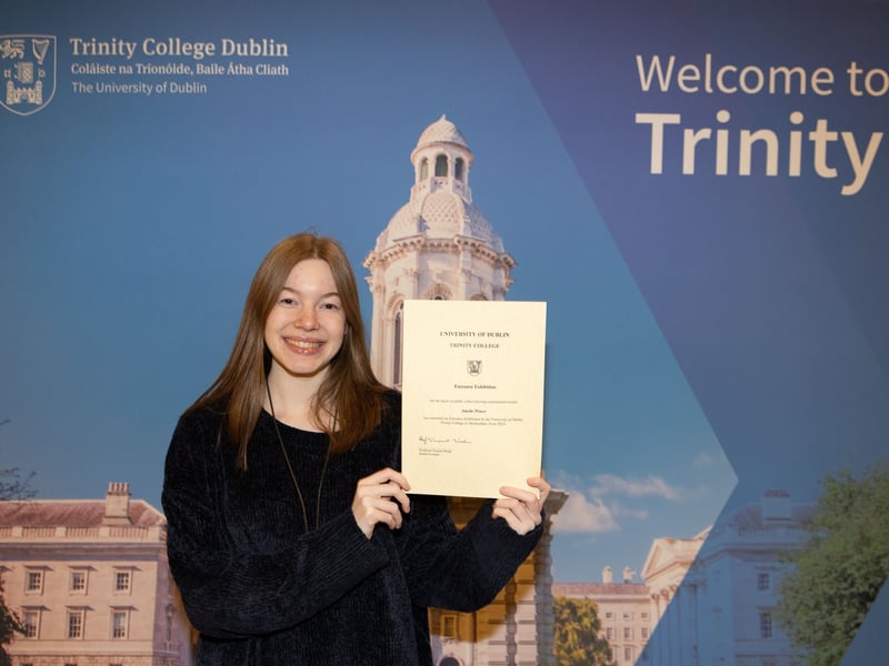 Caption: Amelia Power (Meán Scoil Mhuire, Longford) was one of three students from Longford who were among 593 students that were awarded Entrance Exhibition Awards for the 2024/5 academic year from Trinity College Dublin
