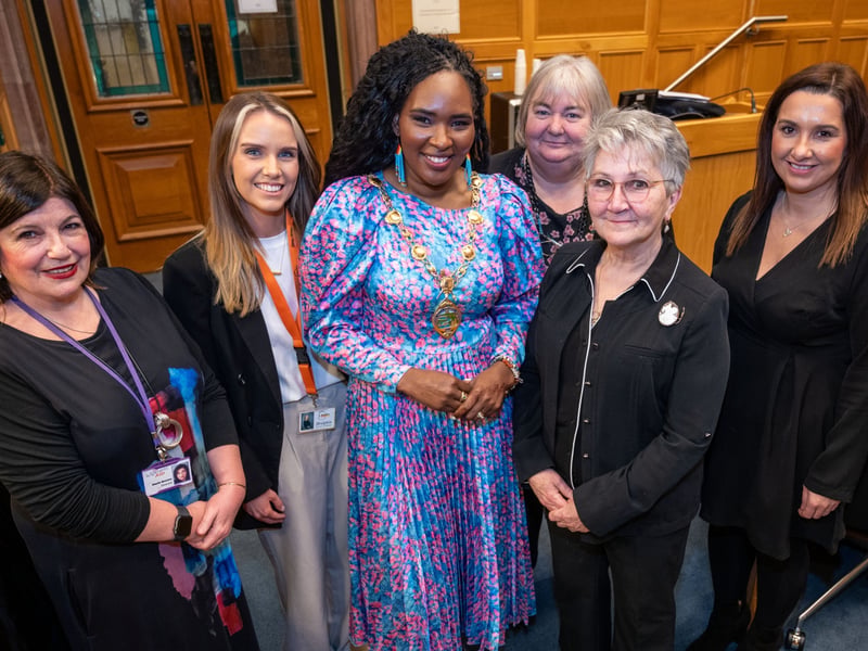 The Mayor Councillor Lilian Seenoi-Barr has hosted a Public Meeting on Ending Violence Against Women and Girls in the Guildhall. The Community & Voluntary Sector panelists pictured from left, Marie Brown, Director, Foyle Women’s Aid, Brighdín Deane, Advocacy Dove House, Catherine Cooke, Co-ordinator, Foyle Women’s Information Network, facilitator, Professor Marie Breen-Smyth and Catherine Barr, Centre Director, Women’s Centre Derry.