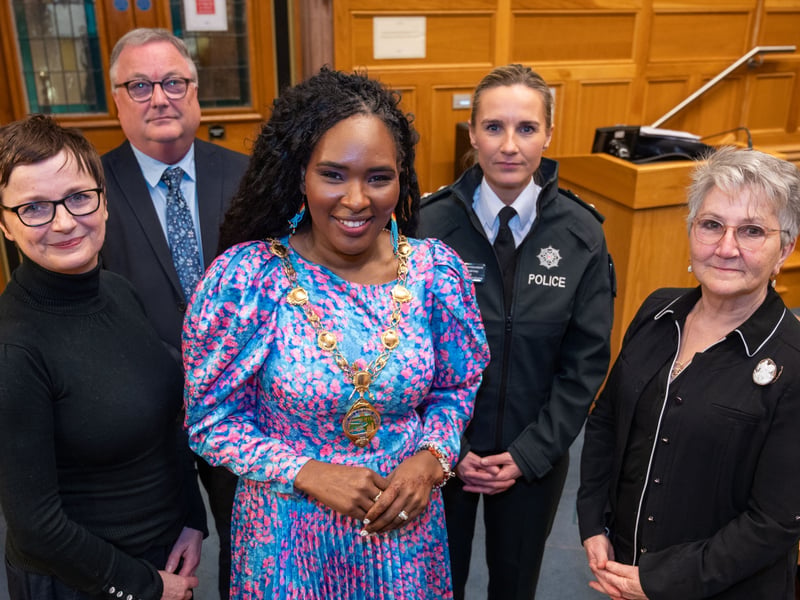 The Mayor Councillor Lilian Seenoi-Barr has hosted a Public Meeting on Ending Violence Against Women and Girls in the Guildhall, Statutory Sector panelists, Anne Weir, Area Manager for the Promoting Positive Relationship Programme, Probation Board NI, Eddie Doherty, NIHE Area Manager, Gillian Kearney, Chief Superintendent, PSNI, facilitator, Professor Marie Breen-Smyth.