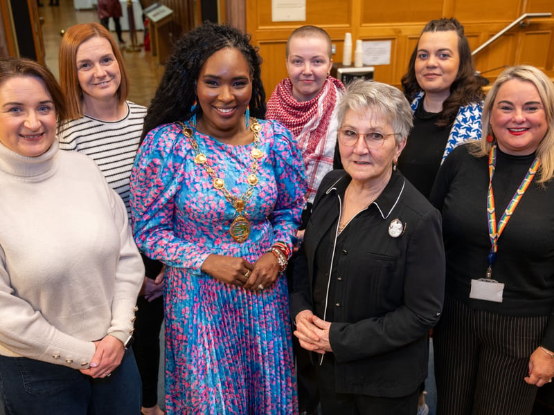 The Mayor Councillor Lilian Seenoi-Barr has hosted a Public Meeting on Ending Violence Against Women and Girls in the Guildhall, Polictial Panelists, Councillor Catherine McDaid, Alderman Janice Montgomery, Davina Pulis, facilitator, Professor Marie Breen-Smyth, Alderman Chelsea Cooke, Councillor Sandra Duffy.