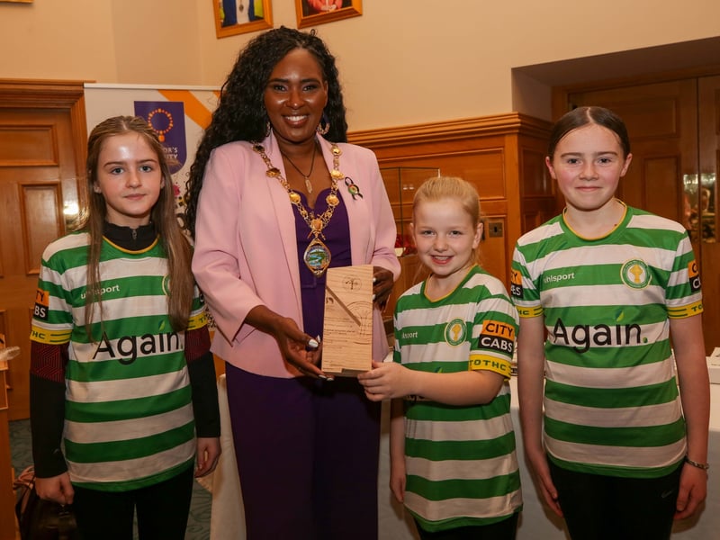 The Mayor of Derry and Strabane, Councillor Lilian Seenoi Barr with Sarah-Rose Houston, Annie Clifford and Phoebe McCloskey.