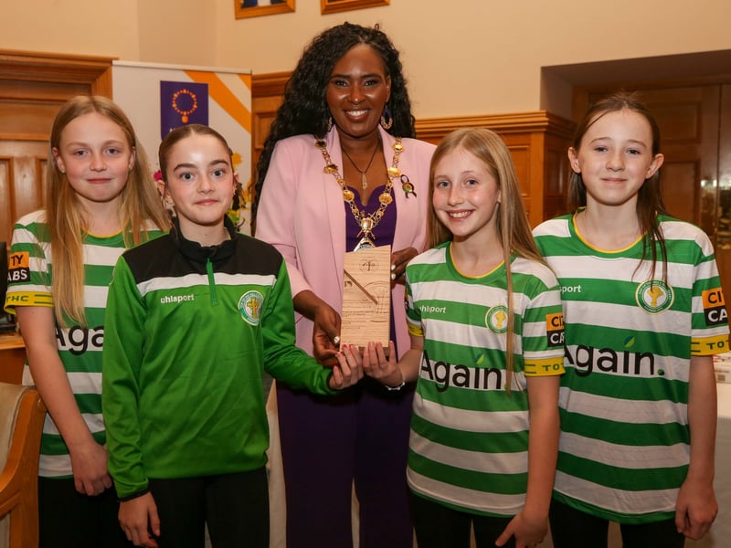 The Mayor of Derry and Strabane, Councillor Lilian Seenoi Barr with Molly Doherty, Chloe Dunlop, Eimear Rainey and Seannan Ward.