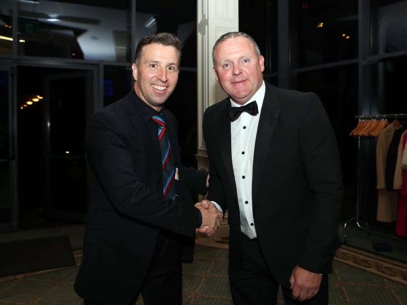 Caption: Special guest Eamon Horan, RTE Sport with Fr. Manning Gaels Chairperson Mike Mulleady. Photo: Syl Healy.