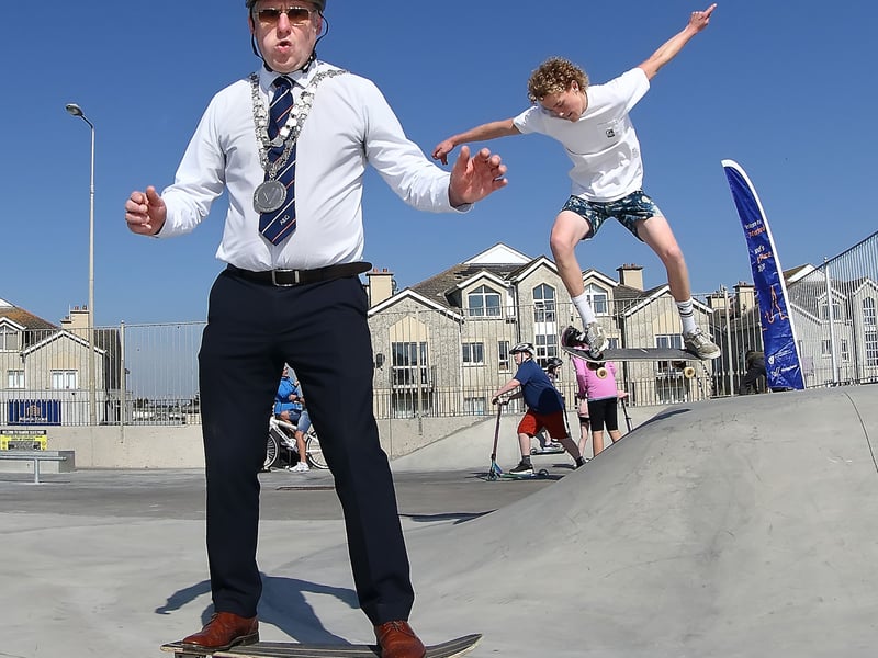 Mayor of Waterford City & County, Cllr. Jason Murphy pictured at the official opening of the Tramore Skatepark with skater Peter Breen.