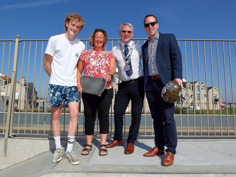 Mayor of Waterford City & County, Cllr. Jason Murphy pictured at the official opening of the Tramore Skatepark with skater Peter Breen, Cllr. Lola O'Sullivan and Senator John Cummins.