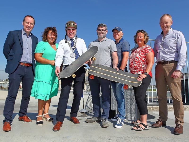 Mayor of Waterford City & County, Cllr. Jason Murphy pictured at the official opening of the Tramore Skatepark with Senator John Cummins, Dawn Wallace, Senior Executive Officer, WCCC, Brian Murray, Project Manager, Fergus Galvin former Director of Services WCCC, Cllr .Lola O' Sullivan and Paul Johnston, Acting Director of Services, WCCC.