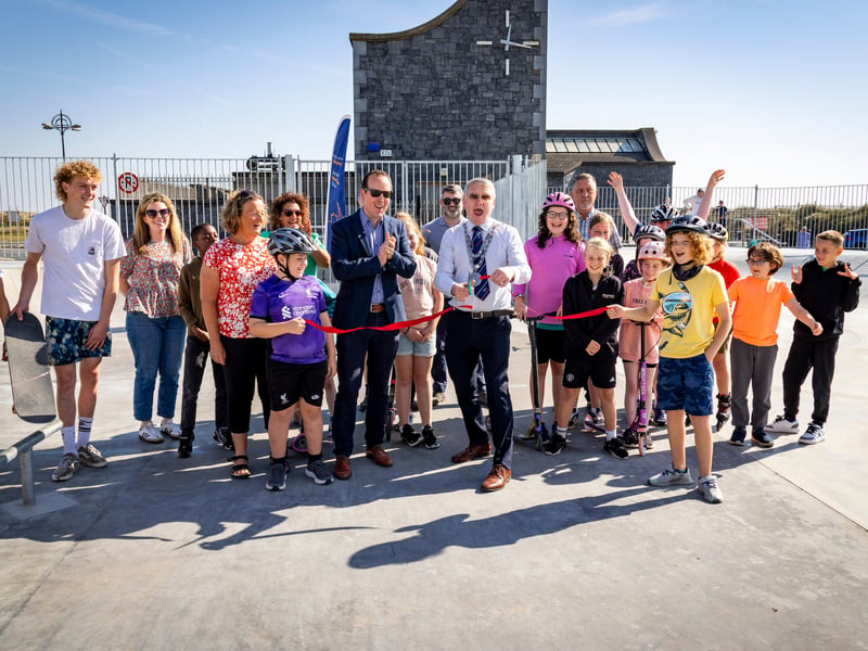 Mayor of Waterford City & County, Cllr. Jason Murphy cuts the ribbon at the official opening of the Tramore Skatepark
