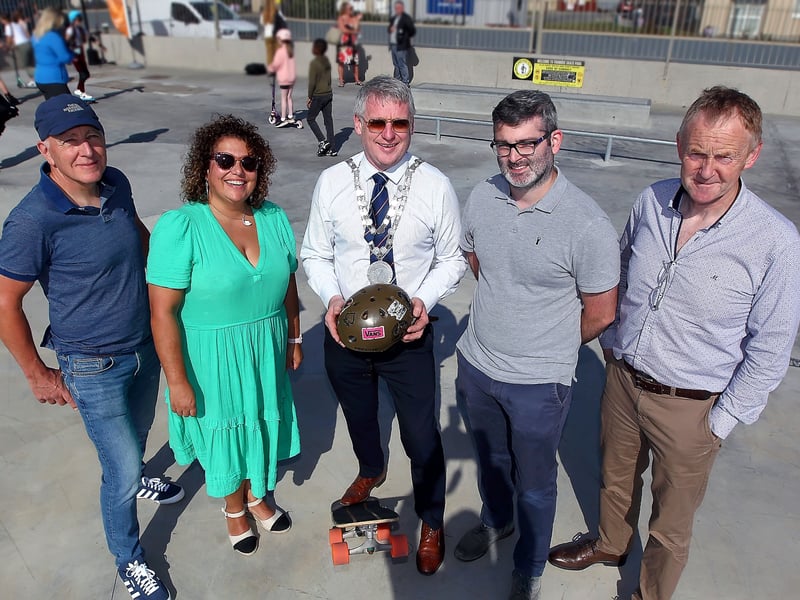 Mayor of Waterford City & County, Cllr. Jason Murphy pictured at the official opening of the Tramore Skatepark with Fergus Galvin, former Director of Services WCCC, Dawn Wallace, Senior Executive Officer, WCCC, Brian Murray, Project Manager and Paul Johnston, Acting Director of Services, WCCC.