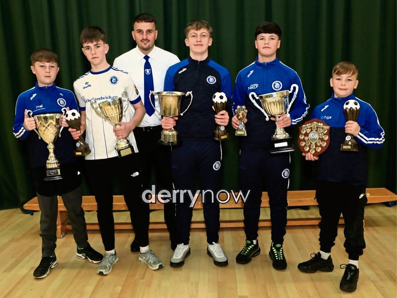 Diolain Ward with from left, Andrew Gillespie (The Andrew Gillespie Award), Charlie McLeary (Overall Top Goalscorer Award), Cillian O'Boyle (Club Player of the Year Award), Jake Harley (Jim Gallagher Award), and Cormac Donnelly "Junior Player of the Year Award) at the Trojans Youth & Community Group annual Youth Presentation of Awards held in St. Cecilia’s College. (Photos - Tom Heaney, nwpresspics)