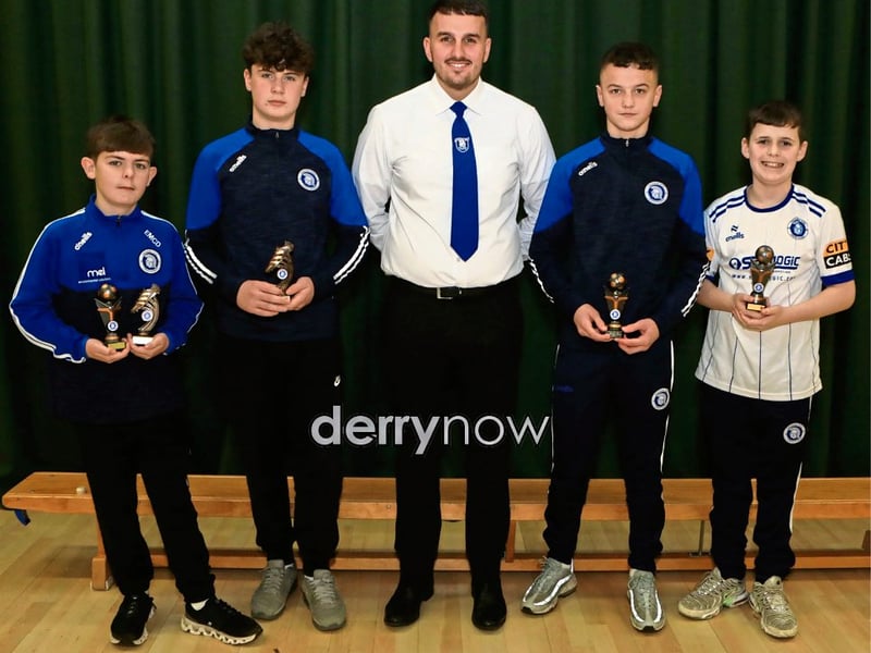 Diolain Ward with manager and assistants from left, Ethan McDonald, Odran Simms, and from right, Cameron McColgan and Kenzie Bamford at the Trojans Youth & Community Group annual Youth Presentation of Awards.