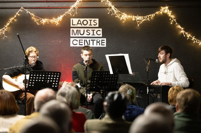 Aaron and Darragh Walsh with Matt Kennedy performing at the Laois School of Music and Music Generation Laois Adult Students Christmas Concert in Laois Music Centre.