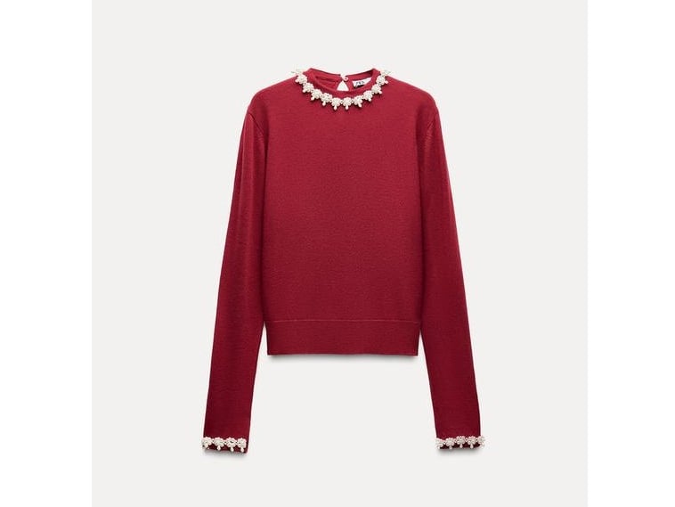 Zara Plain Knit Sweater With Faux Pearls – Burgundy, £35.99