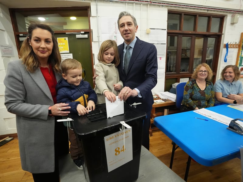 Taoiseach and Fine Gael leader Simon Harris opted for his wife, Caoimhe, and two children, Saoirse and Cillian, to accompany him to the voting station.