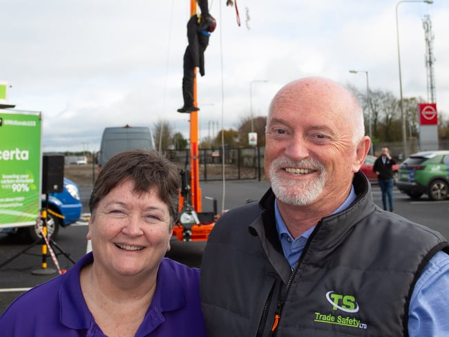 Trade Safety owners Patricia and Austin Handy in front of a rescue demonstration outside their offices in the Sragh Business Park.