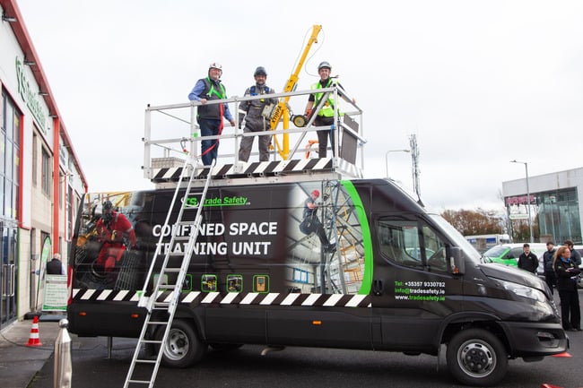 Trade Safety's new mobile confined space training unit with Austin Handy, Alan Veale and Cormac Delaney atop.