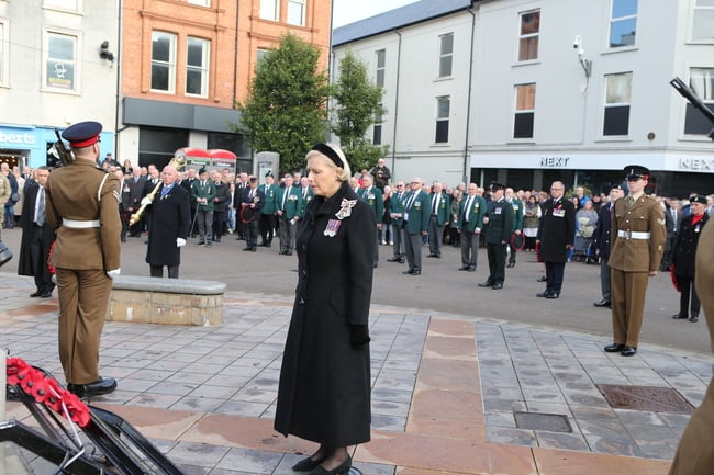 Lord Lieutenant of County Londonderry, Alison Millar lays a wreath at the War Memorial in Coleraine.