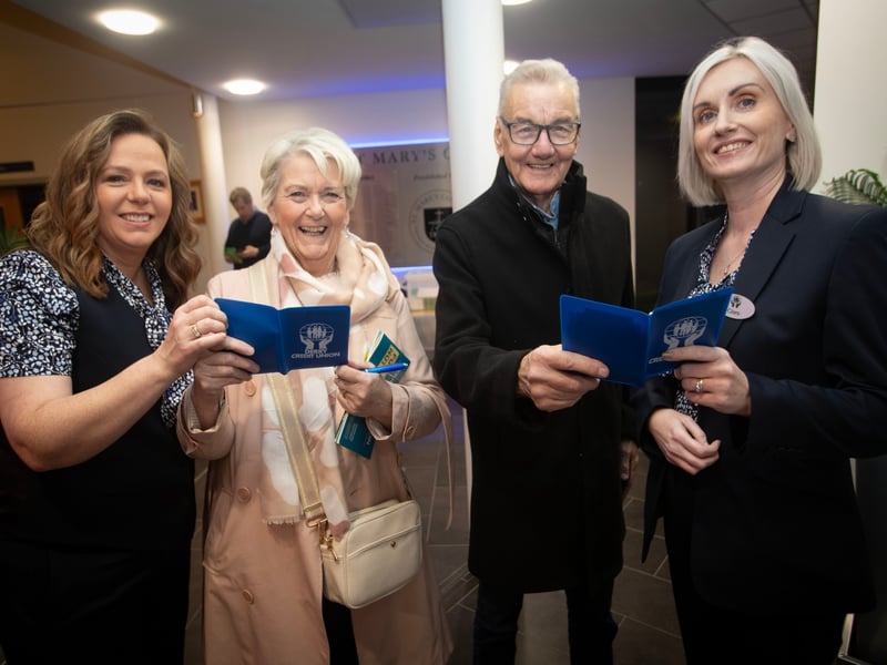 DCU's Sharon Doherty and Clare pictured with 50 years Credit Union members husband and wife Willie and Gerarda Clifford on Monday night. (Photos: Jim McCafferty Photography)
