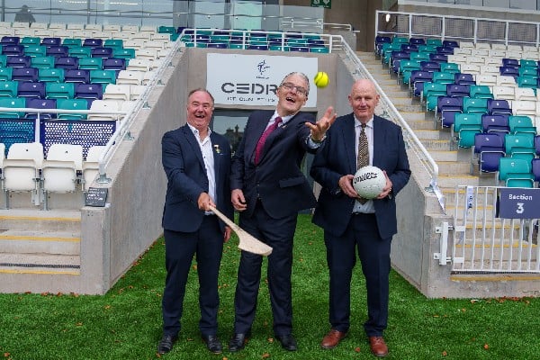 Caption: Derek Kent, Chairperson of Leinster Council, Jarlath Burns, Uachtaran Cumann Luthchleas Gael, and Mick Gorman, Kildare GAA County Chairperson.