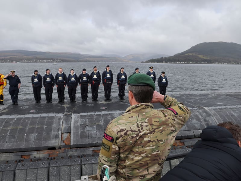 First Sea Lord, General Sir Gwyn Jenkins KCB OBE ADC saluting the casing party as he departs. Prime Minister Keir Starmer and Defence Secretary John Healey MP joined the First Sea Lord, and Chief of Defence Nuclear on the Clyde to welcome home the Vanguard-class submarine as it returned from patrol.