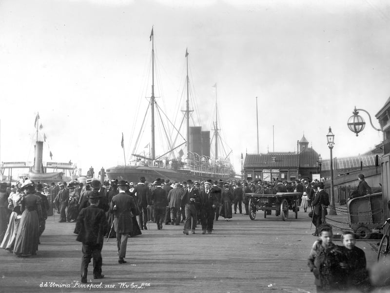 A large crowd forms beside the SS 'Etruria' steam ship at Pierhead, Liverpool, sometime between 1890 and 1910