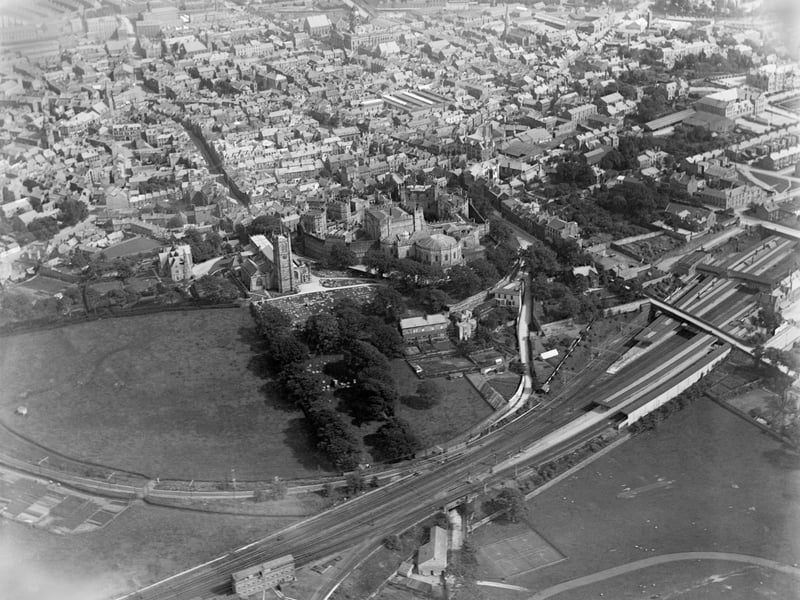 A bird's eye view of Lancaster in around 1920, showing the castle, church and railway station