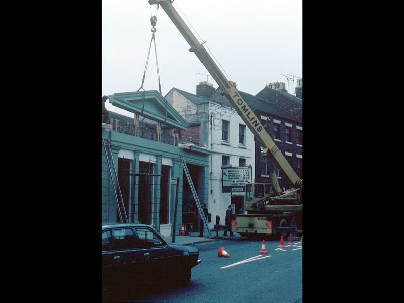 Taken in November 1983 by Shrewsbury historian David Trumper, this image shows a false Regency-style frontage being added to Gordon Manser’s antique emporium at the bottom of Wyle Cop, known locally as “under the Wyle”. The building has a rich history — once a Salvation Hall and later the 7 Club in the 1960s, where bands including The Who and the Yardbirds performed — before becoming Manser’s antiques shop, which has since moved to Coleham Head.