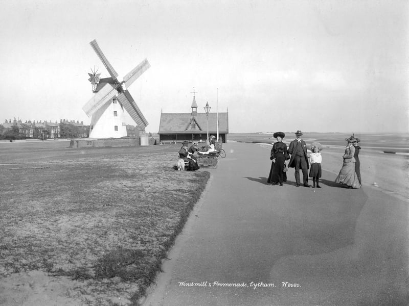 East Beach, Lytham St Anne's, Lancashire, pictured sometime between 1890 and 1910, showing the windmill, lifeboat station and promenade