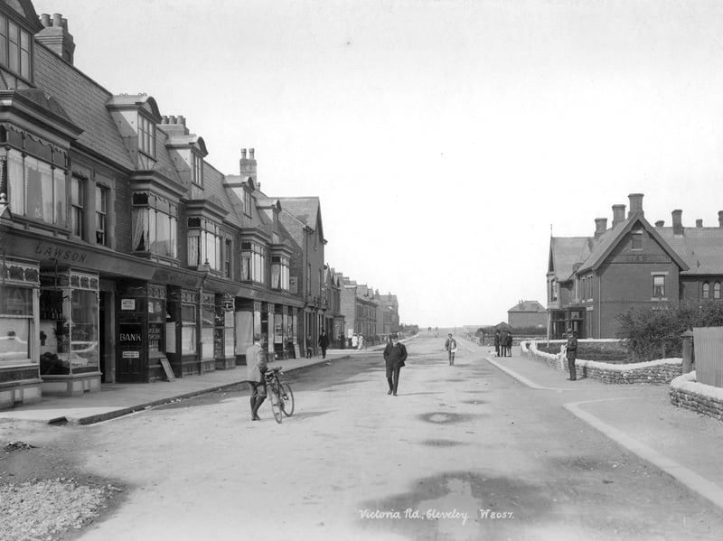 Victoria Road, Cleveleys, Lancashire, sometime between 1890 and 1910, showing shops and a bank