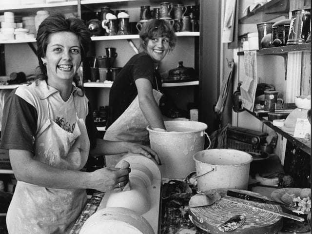 In August 1983, Heather Joss of Telford and Debbie Peach of Wolverhampton demonstrate their skills at Ironbridge Craft Centre. Heather had founded Severn Gorge Ceramics 18 months earlier after completing a degree in 3D design at Wolverhampton Polytechnic, showcasing the early talent and creativity emerging from the region’s craft scene.