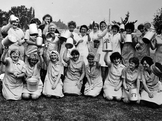 Kitchen staff at the Royal Shrewsbury Hospital are pictured in July 1983 during an hour-long token walkout in protest at “unbearable” heat conditions. Around 20 domestic staff and cooks, members of the Confederation of Health Service Employees, took part in the protest, with temperatures in the main kitchen reported to have reached the 80s and 90s Fahrenheit, even before ovens and machinery were switched on.