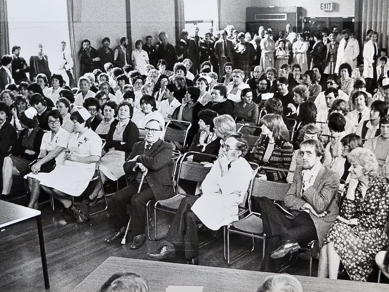 Staff at Oswestry’s Shropshire Orthopaedic Hospital are pictured in May 1983 during a packed meeting held to register strong opposition to proposals to close four wards. The potential closures of trauma and orthopaedic wards were linked to efforts to help fund Telford’s new district hospital, prompting concern among hospital staff at Gobowen.