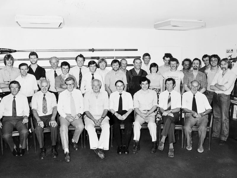 Long-service awards are presented at F W McConnel Ltd in Temeside, Ludlow, in 1983, recognising decades of commitment from employees at the firm. Managing director Jim Barr is pictured with staff celebrating milestones ranging from five to 35 years’ service, highlighting the loyalty and experience within the workforce at the time.