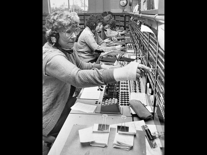Staff involved in the operator service are pictured at Oswestry’s new £2 million telephone exchange, which was officially opened in March 1983. The image shows Mrs Freda Hopes alongside colleagues who helped run the service at the modernised facility, marking a significant upgrade in local telecommunications for the town.