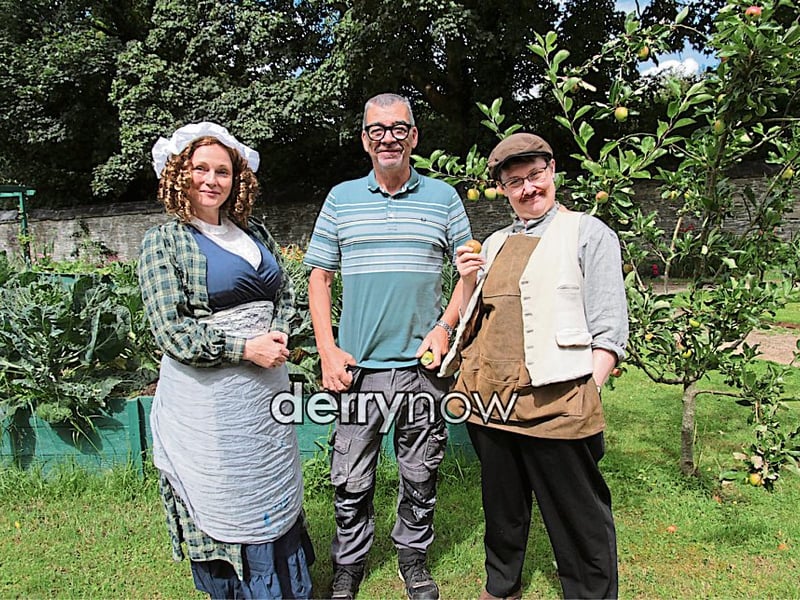 Liam McConnellogue, Gardner at St. Columb's Park House pictured with MakeyUppers characters, Diana Monsell, on left, and Jim the Gardner, on right.