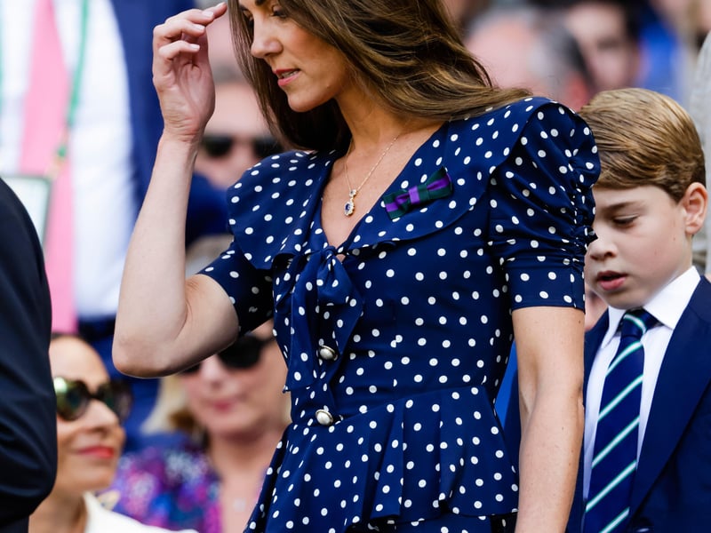Kate frequently re-wears this favoured designer, sporting two Alessandra Rich polka-dot dresses to Wimbledon in 2022 in navy and striking azure blue.