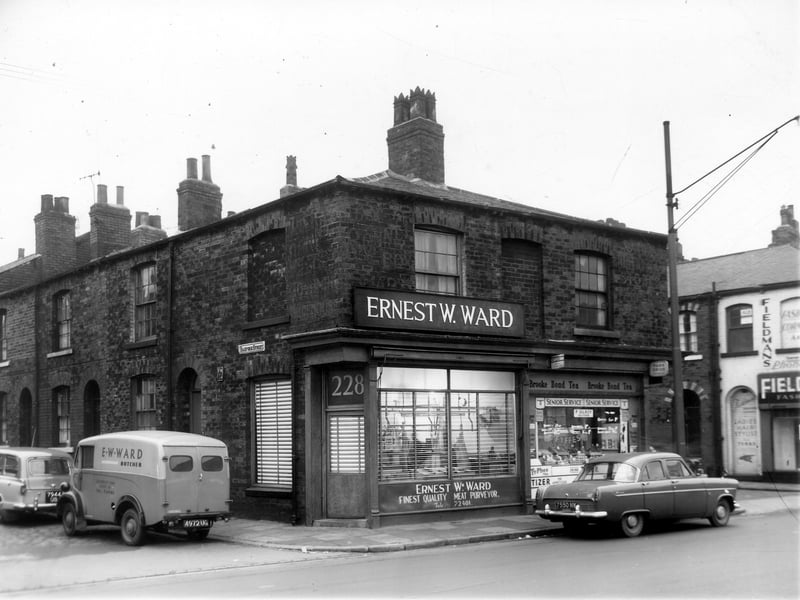 Hunslet Road in November 1960 On the left is Basford Street where two vehicles are parked including a E.W. Ward, butcher's van. At number 228 is the Ernest W. Word finest quality meat purveyor.,